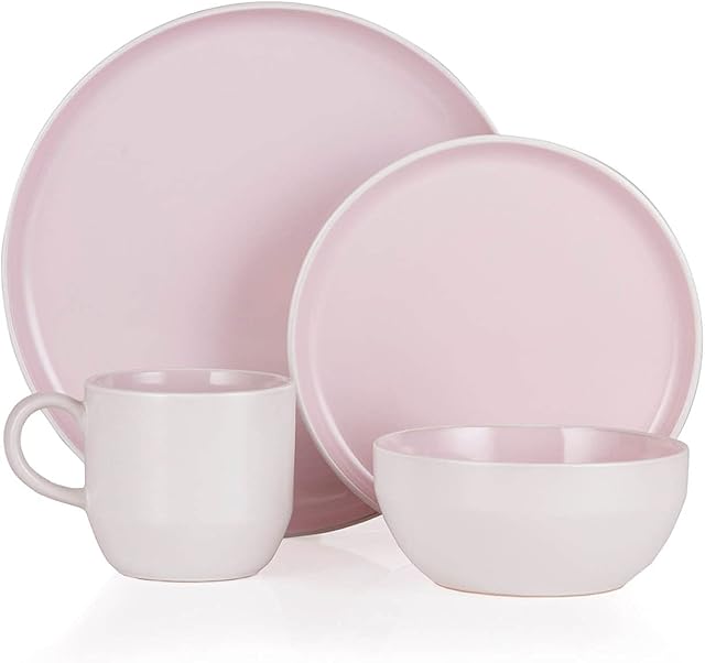 Barbary & Oak BO867004PNK Oslo 16 Piece Dinnerware Set, Stoneware, White and Pink Lemonade