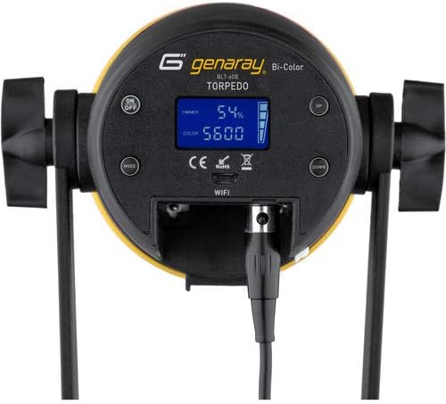 Close-up of Genaray Torpedo LED light control panel with display showing dimmer and color settings