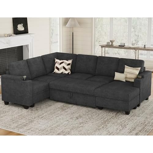 Belffin Sleeper Sofa Modular Sectional Pull Out Couch Bed U Shaped Sofa Couch for Living Room with Storage Chaise. Dark Grey Dark Grey Sleeper 2