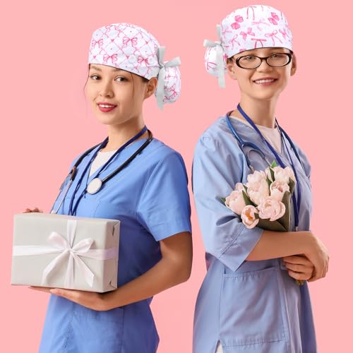 Image of 6 Pcs Scrub Caps for Women Doctor Nursing Hats with Buttons Adjustable Tie Back Working Cap Bouffant Scrub Hats for Women Men