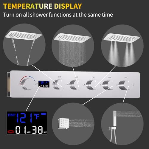 AYIVG Thermostatic Shower System with Body Jets 16 * 24 Inch Ceiling Mount Rain Shower Faucet Set Temperature Display Shower System Chrome Multi Shower Head System with 5 Ways Shower Valve