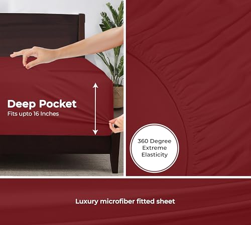 Image of Royale Linens Fitted Sheet King Cal - Ultra Soft 1800 Brushed Microfiber - Hotel Luxury Bottom Sheets - Wrinkle Free & Fade Resistant - Deep Pocket Fitted Sheet Only (King Cal, Tango Red)