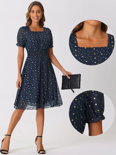 Allegra K Square Neck Dress for Women's Metallic Stars Ruffle Short Sleeve A-Line Stretch Waist Dress2