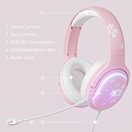 Mytrix Sakura Pink Cherry Blossoms Gaming Headset, 360° Rotation Mic, Soft Earmuff Headphone For Ps4, Ps5, Xbox, Pc & Mac, Switch, Rgb Gradient Light Effect #TOP1