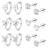 Roheafer 6 Pares Pendientes Acero Inoxidable Mujer Hipoalergénicos Helix Tragus Cartílag Piercings Corazón Flor Mariposa Pendientes Aro Mujer(Plata)