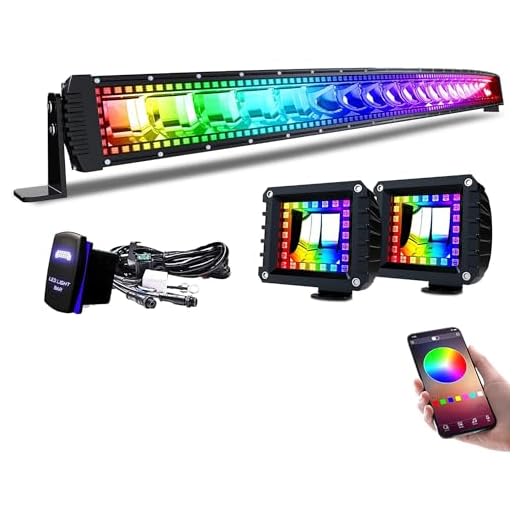 Lpteso RGBW Curved LED Light Bar 50Inch 288W Flood Spot Combo Beam 2PCS 4 Inch 18W Flood RGB LED Pods with 16 Solid Colors Chasing RGB Halo Ring Changing with Strobe Flashing with Rocker Switch Wiring