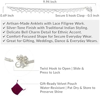 Duel On Jewel Indian Womens Silver Plated Chain Charm Anklet Paayal Jhanjar Pair with Bells Pearls Stones For Dance Wedding Party Bridal Dandiya Gifts