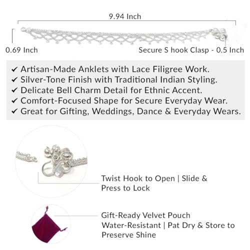 Duel On Jewel Indian Womens Silver Plated Chain Charm Anklet Paayal Jhanjar Pair with Bells Pearls Stones For Dance Wedding Party Bridal Dandiya Gifts