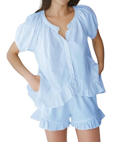 Image of Womens Fashion Summer Short Sets Short Sleeve Button Down Ruffle Trim Top and Shorts Cotton Pajama Sets
