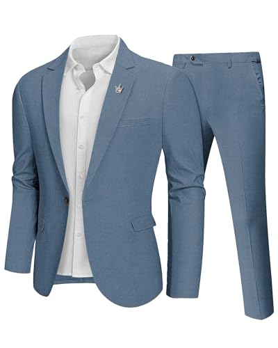 Hihawk Men 2 Piece Regular Fit Linen Suit, Casual Blazer Pants Set, Lightweight Jacket Trouser for Wedding Prom