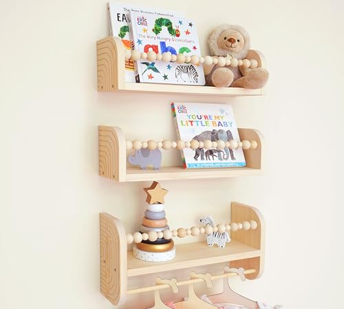 Image of CNK Nursery Floating Book Shelves for Wall Mounted Set of 3 Book Shelf for Kids, Toddler, Baby Rooms Natural Pine Wood Bookshelf Toy Storage with Rack Playroom Decor