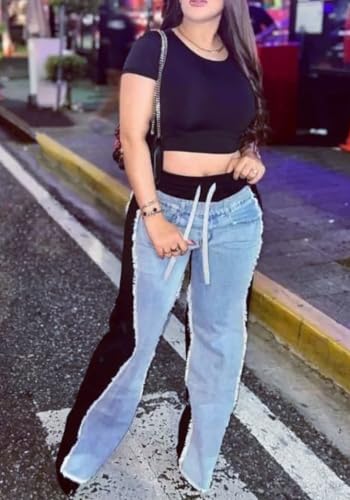 Vaceky Women's Denim Sweatpants Raw Trimmed Jeans Patch Layered Chunky Joggers with Pockets4