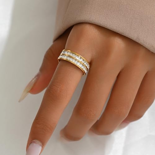 18K Gold Plated Rings Cubic Zirconia Love Ring Stackable Rings for Women Faux Diamond Eternity Bands Wedding Jewelry Size 5-93