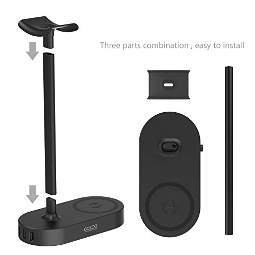 COZOO Headphone Stand with Wireless Charging Pad and 3 USB Charging Ports,10W,- Suitable for Gaming, DJ, Wireless Earphone Display (Black)