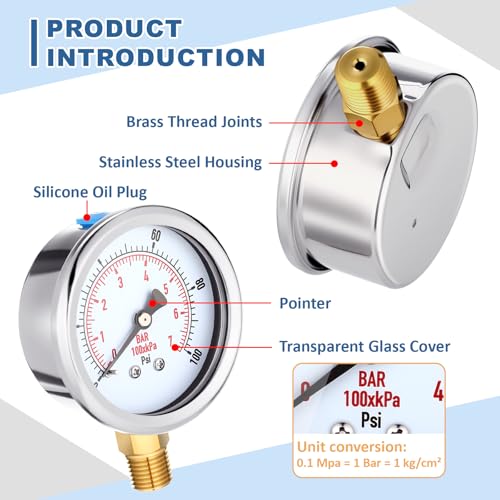 Image of Flutesan 6 Pcs 0-100psi Low Pressure Gauge 2.5 inch Face Dial Size 1 /4 NPT Lower Mount Waterproof Pressure Gauge with Stainless Steel Case for Pool Water Pump Tire Water Oil Air