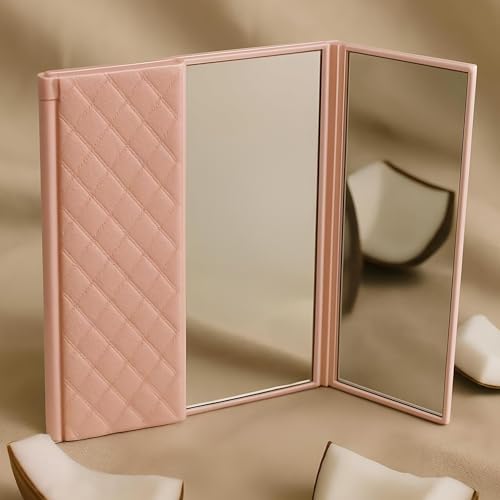 Image of Tri-Fold Makeup Mirror with Stand | Travel-Friendly Vanity Mirror | Portable and Compact Tabletop Folding Mirror for Beauty, Skincare, Pack of 1, Pink