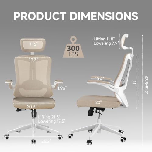 Image of Ergonomic Office Desk Chair High Back Mesh Computer Chair Adjustable Chair | 360 Swivel Adjustable Lumbar Support & Flip-Up Armrests capacity 300 lbs capacity