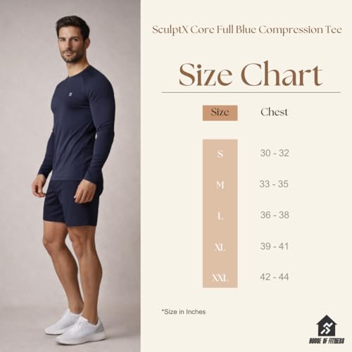 Image of Men's Blue Lycra Spandex Compression Solid Quick Dry Full Sleeve Regular Fit Round Crew Neck Active Sportswear Gym T-Shirt for Workout Training Running and Fitness Activities