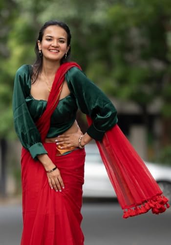 Image of Sudip callection Handloom Mul Cotton Saree for Women - Bottle Green with Pink Border Golden Zari Line & Tassel Pallu