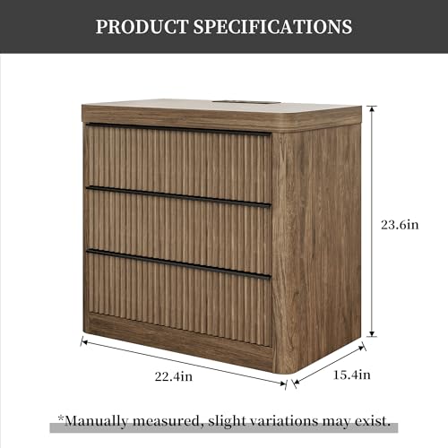Image of FUSUNBAO Fluted Night Stand with Charging Station,3 Drawers Large End Table with Storage,Natural Nightstand Wood Bedside Tables,Farmhouse Cabinet Dresser for Bedroom,Sofa Table (1, Grey Alder)