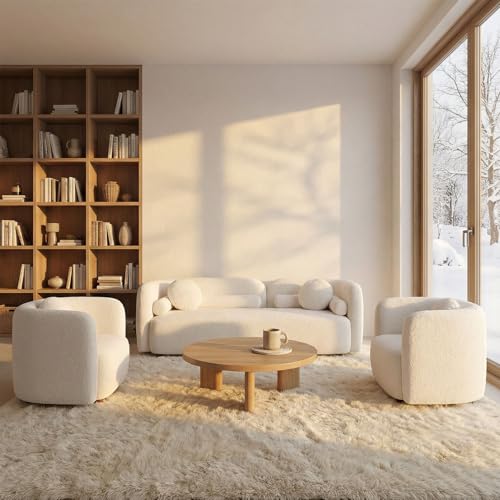 Curved Sofa Set for Living Room, 3-Seater Upholstered Boucle Fabric Modern Sofa Set of 3 Piece Couch Set Minimalist Sofa with Oversized Single Sofa Chair Modern Sofa Set Home Bedroom Office White