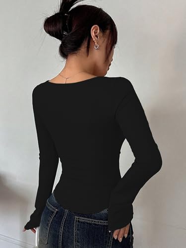 Image of Sugathari Women's Black Solid Long Sleeve Wrap-Style Square Split Crew Neck Bodycon Women T-Shirt Spring and Summer Top, Minimalist and Fashionable for Everyday Casual Wear Tops (T-Shirt 181)