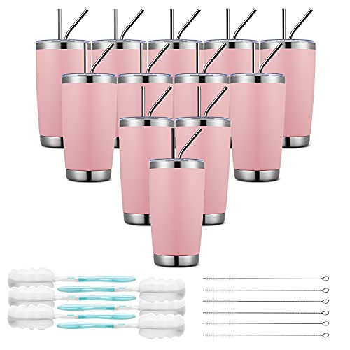 COKTIK 12 x Trinkbecher mit Deckel, doppelwandig, vakuumisoliert, Edelstahl, langlebig, pulverbeschichtet, für kalte und heiße Getränke, Pink Cover