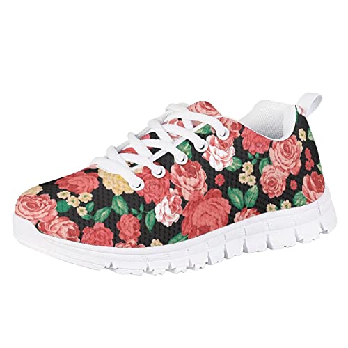 GIFTPUZZ Red Flower Lightweight Mesh Sneakers Trail Running Shoes Kids Girls Lace Up Almond Shaped Toe Walking Shoes Casual Air-Mesh Breathable Platform Shoes 12