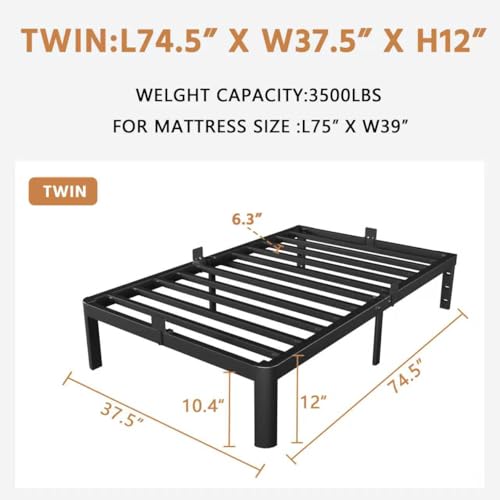Image of Black Twin Bed Frames 12 Inch, Metal Bed Frame Twin Size No Box Spring Needed, DIY Headboard Holes, Heavy Duty Steel Support 3500 LBS, Noiseless, Round Corner Leg, Storage Space, Easy Assembly