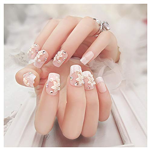 Fstrend False Nails Glitter Rhinestone Pearl Flower Full Cover Acrylic Fake Nails Wedding Birthday Party Clip on Nails for Women and Girls
