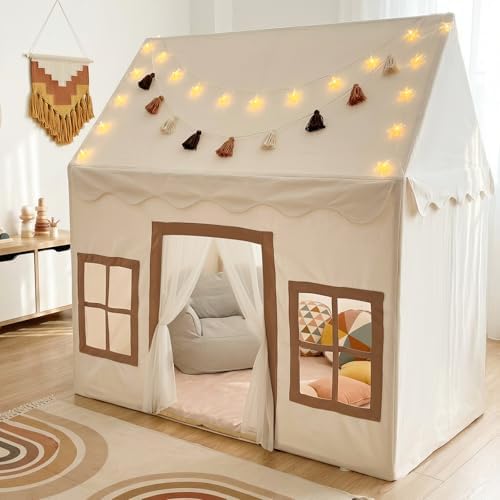 Play Tent with Mat, Star Light, Large Kids Playhouse with Windows Easy to Wash, Indoor and Outdoor Play Tents for Kids, Little Dove Toys for Girls, Boys, 52x35x52 (Beige Playhouse, Large Size)