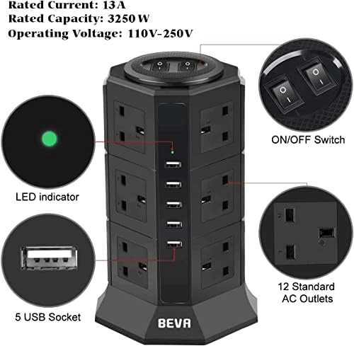 Tower Extension Lead, BEVA Multi Plug Socket 12 Way Outlet Surge Protector Power Strip Electric Charging Station with 5 Smart USB Charger(5V/4.5A), 2M Extension Cords for Home and Office