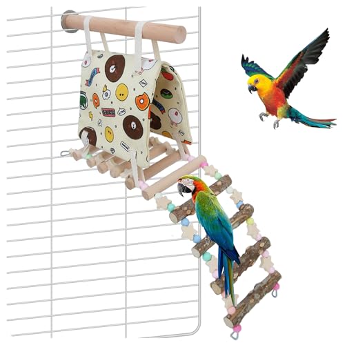 La La Pet® Hanging Bird Hammock with Wooden Ladder Parrot Bed Hammock Bird Cage Hammock Swing Parrot Sleep Tent Bird Nest House for Bird Cage Decor
