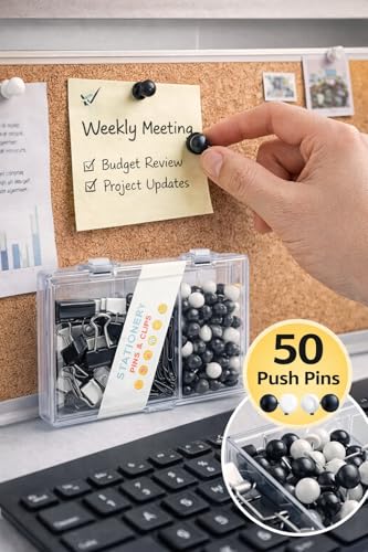 Image of Sumiko Black & White Paper Clip Box Stationery Set - 50 Push Pins 8 Paper Clips 80 Binder Clips 3 Compartments | Portable Paper Clips & Pins Kit for Home School Office & Gifts for All