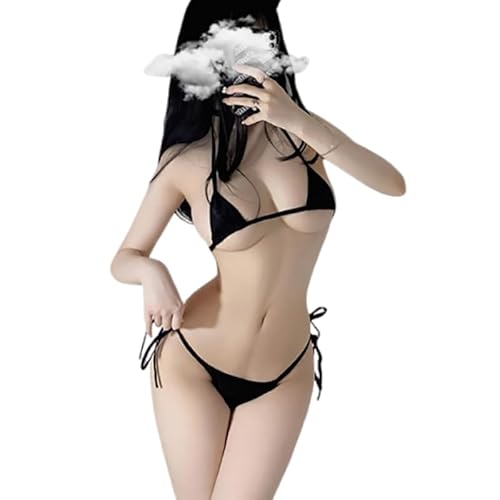 [LIKENNY] マイクロビキニ 超極小 三角ビキニ 上下セット 2点セット セクシー ベビードール ランジェリー レディース 極薄 過激 誘惑 水着 可愛い 紐ブラ スト 大人用 コスチューム フリーサイズ (ブラック)の画像
