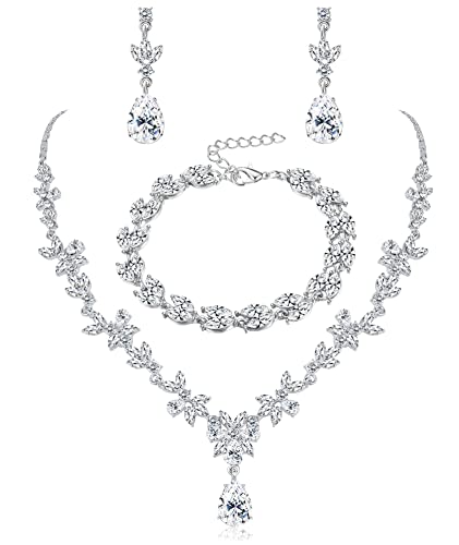 sailimue Crystal Bridal Jewelry Set For Women - Rhinestone Necklace Dangle Earrings Bracelet for Wedding, Bride, Bridesmaid, Party, Prom