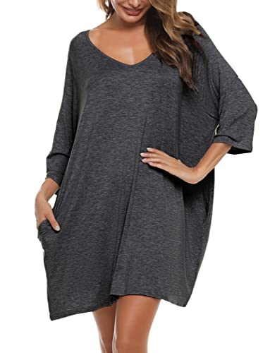 Bresdk Camisones Mujer Algodón Súper Suave Camisón de Mujer Tallas Grandes Manga Corta 3/4 Pijamas Elegante Ropa de Dormir, Gris Oscuro, 3XL