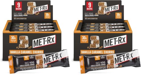 Image of MET-Rx Big 100 Colossal Protein Bars, Vanilla Caramel Churro Meal Replacement Bars, Brown, 9 Count (Pack of 2)