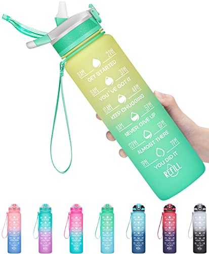 MEITAGIE 32oz Leakproof Motivational Sports Water Bottle with Straw & Time Marker, Flip Top Durable BPA Free Non-Toxic Frosted Bottle Perfect for Office, School, Gym and Workout