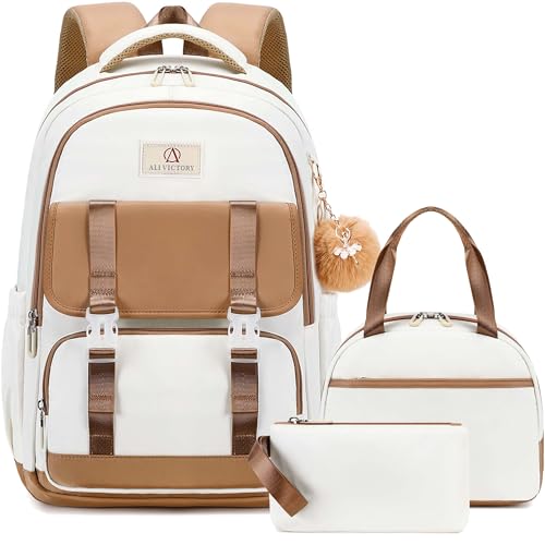 AO ALI VICTORY School Backpack for Girls Women 15.6 Inch Laptop Backpacks College Bookbag Cute Kids Elementary Middle High School Bag with Lunch Box Set for Teens Students Travel Daypack, Brown Set