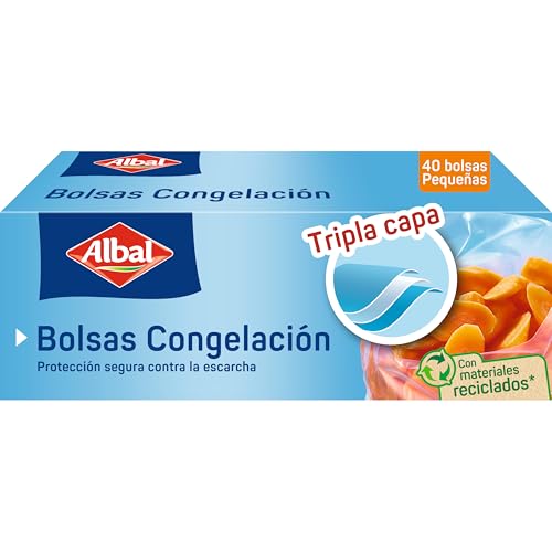 Albal Bolsas Congelación 1 Litro, Fabricadas con 70% de Materiales Reciclados, Triple Capa. Resistente, Reutilizables, Reciclables, 40 Bolsas Pequeñas. Libres de BPA