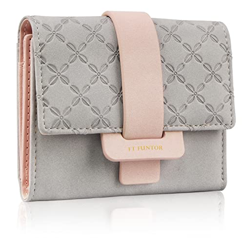 FT FUNTOR RFID Wallets for Women, Trifold Womens Wallet with Coin Zipper Pocket Vegan Leather Ladies Wallets Coins Zipper Pocket with ID Window (Gray)