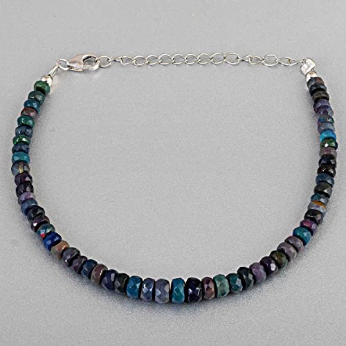 Natural Black Opal Faceted Bracelet, Multi Fire Ethiopian 925 Silver Jewelry, VN 5564