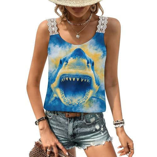 DGTXWIT Women's Lace Trim Camisole Tie Dye Blue Shark Sleeveless