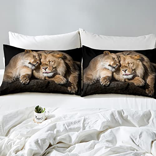 Homewish Lion Duvet Cover Set Wild Lion Couple Print Bedding Set 3Pcs For Kids Boys Teens 3D Animal Theme Comforter Cover African Wildlife Quilt Cover With 2 Pillowcases (No Comforter) King Size #TOP3
