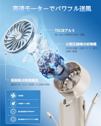 ハンディファン 冷却プレート付き【2026夏革新版・-28℃瞬間冷却・超高速暴風】携帯扇風機 4way手持ち/首掛け/卓上/吊り下げ 5枚羽根 199無段階風量調節 強力 暴風 冷感 静音 USB充電式 Type-C対応 8000mAh大容量 LED残量表示 手持ち扇風機 熱中症対策 暑さ対策 ストラップ付き 持ち運び便利 通勤 通学 アウトドア（ベージュ）
