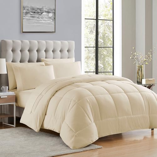 Sweet Home Collection 7 Piece Comforter Set Bag Solid Color All Season Soft Down Alternative Blanket & Luxurious Microfiber Bed Sheets, Beige, Queen