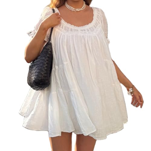 Women Puff Sleeve Babydoll Mini Dress Y2K Lace Trim Ruffle Flowy Dresses Summer Loose Swing Going Out Sundresses White