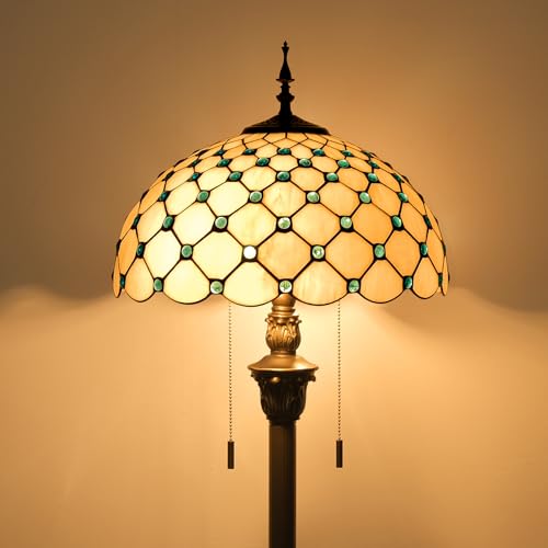 Image of Tiffany Style Floor Lamp, 16 inch Stained Glass Pastel-hued Grey Blue Domed Shade with Antique Bronze Base, 2-Light E26 Pull Chain Standing Reading Light for Living Room, Bedroom,16x16x64 Inches