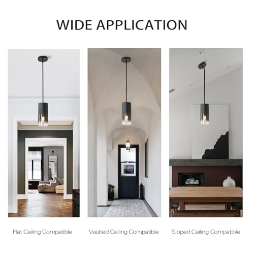 Image of Pendant Light Fixtures, Adjustable Modern Pendant Lights for Kitchen Island, Industrial Glass Pendant Lights for Dining Table Hallway Bedroom Living Room Black 2 Packs